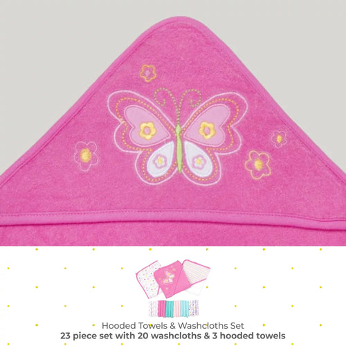 Bath Hooded Towels & Washcloths Set for Babies, 23-Piece Gift Set, Pink Butterfly