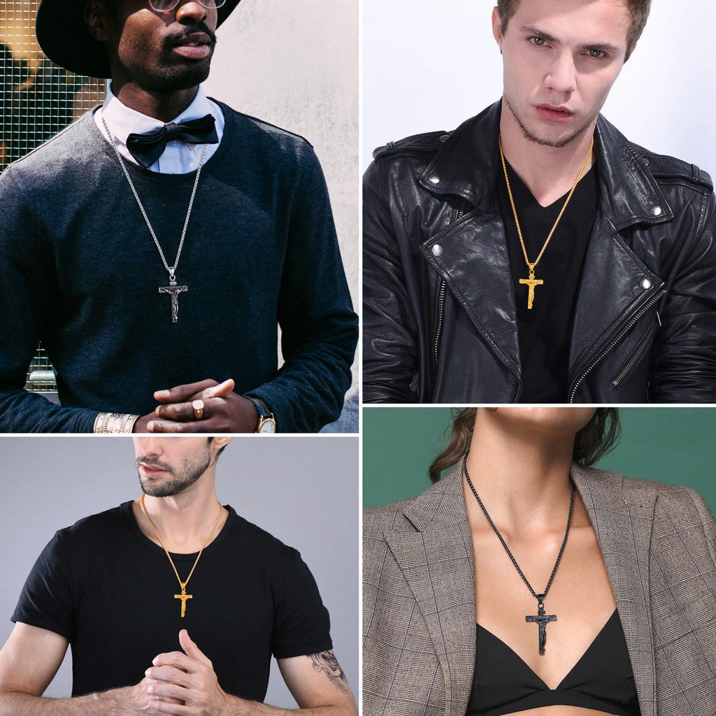 Golden Cross Necklaces for Men Stainless Steel INRI Crucifix Pendant Necklace Jesus Piece Religious Praying Jewelry for Christian Dad Father'S Day Gift