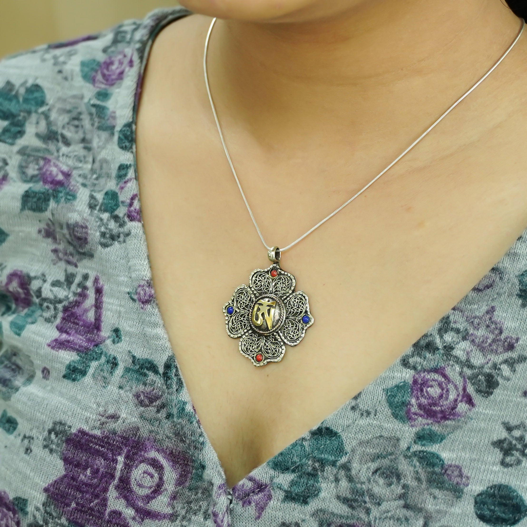 Handmade Brass Pendant with Lapis Lazuli & Coral Boho Prayer Jewelry for Men & Women