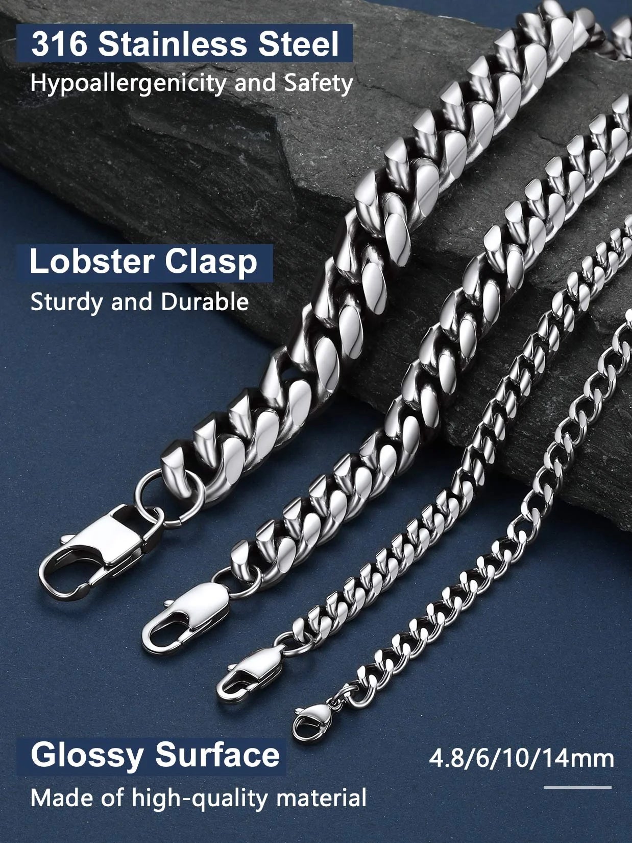 Men'S Stainless Steel Cuban Link Chain Necklace 10MM 18Inch Hip Hop Jewelry